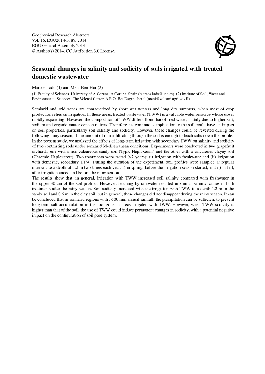 Pdf Seasonal Changes In Salinity And Sodicity Of Soils Irrigated With