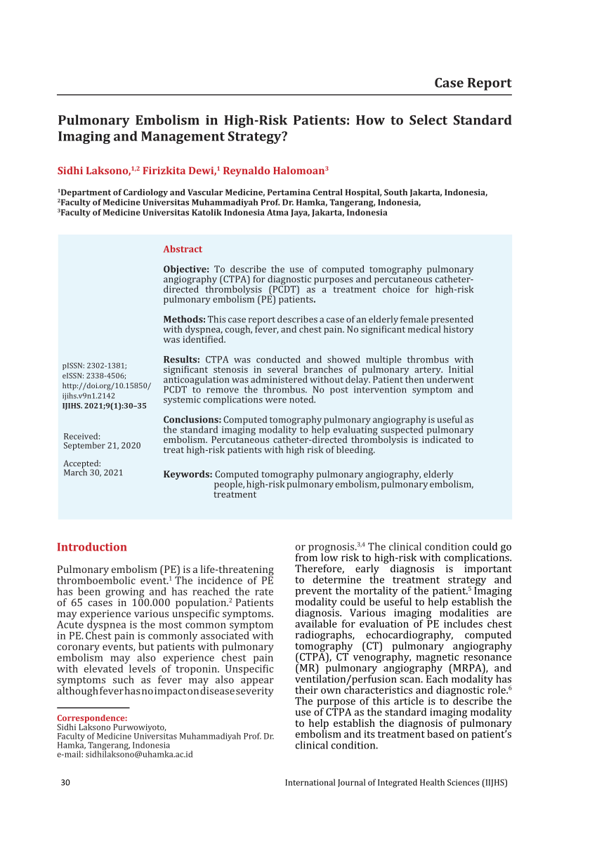 Pdf Pulmonary Embolism In High Risk Patients How To Select Standard Imaging And Management