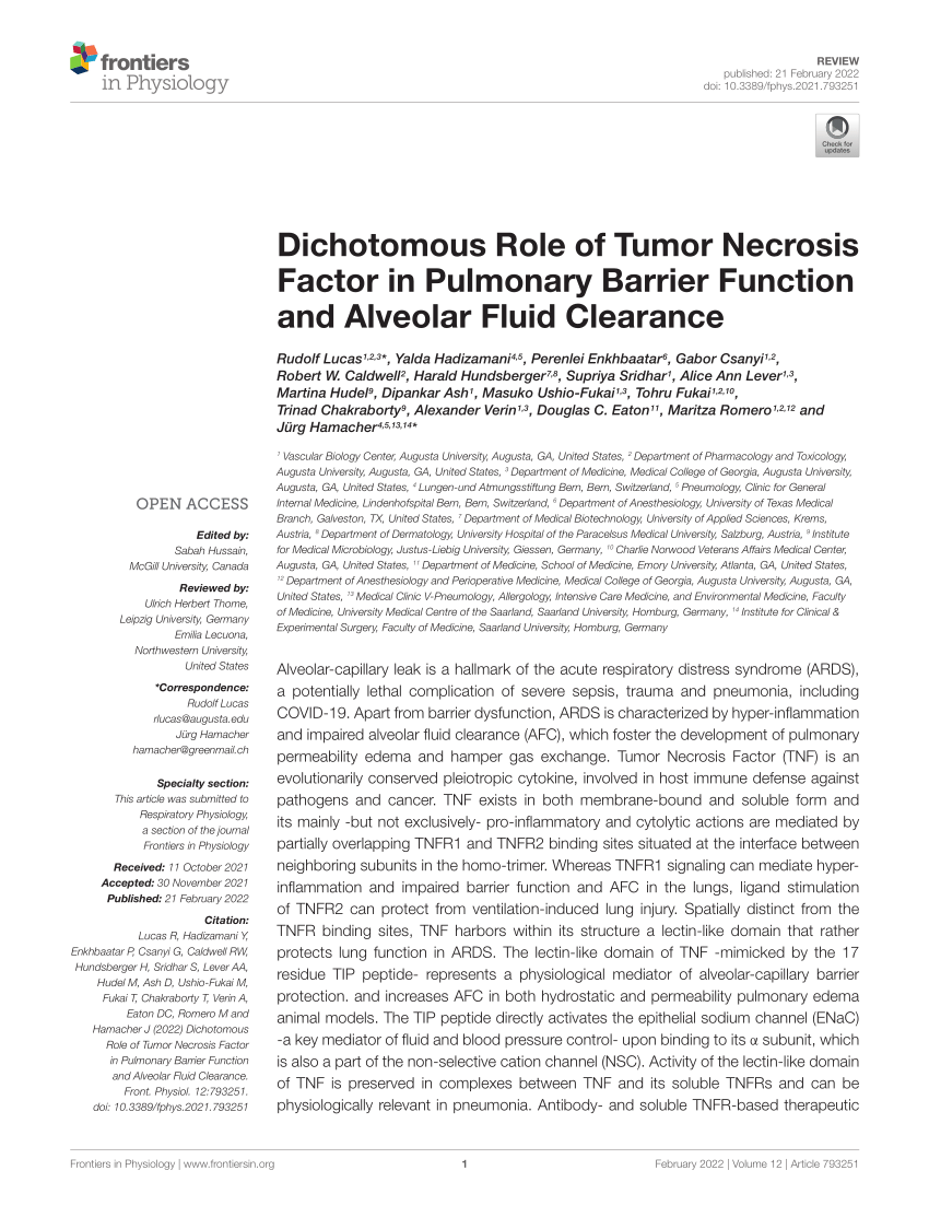 PDF) Dichotomous Role of Tumor Necrosis Factor in Pulmonary 