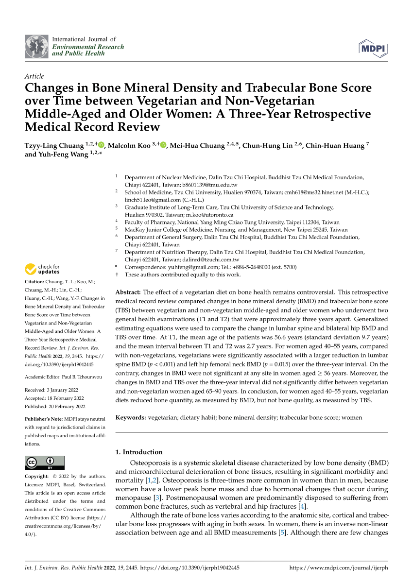 Pdf Changes In Bone Mineral Density And Trabecular Bone Score Over Time Between Vegetarian And Non Vegetarian Middle Aged And Older Women A Three Year Retrospective Medical Record Review