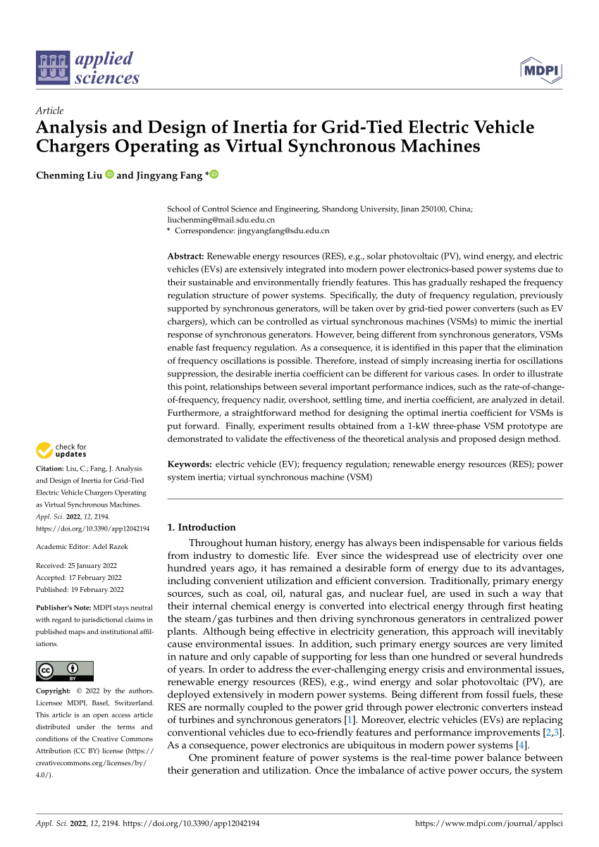 (PDF) Analysis and Design of Inertia for GridTied Electric Vehicle