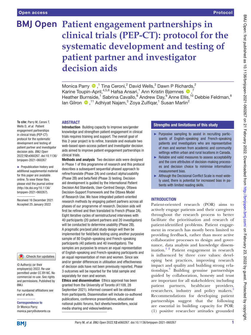 Pdf Patient Engagement Partnerships In Clinical Trials Pep Ct Protocol For The Systematic Development And Testing Of Patient Partner And Investigator Decision Aids