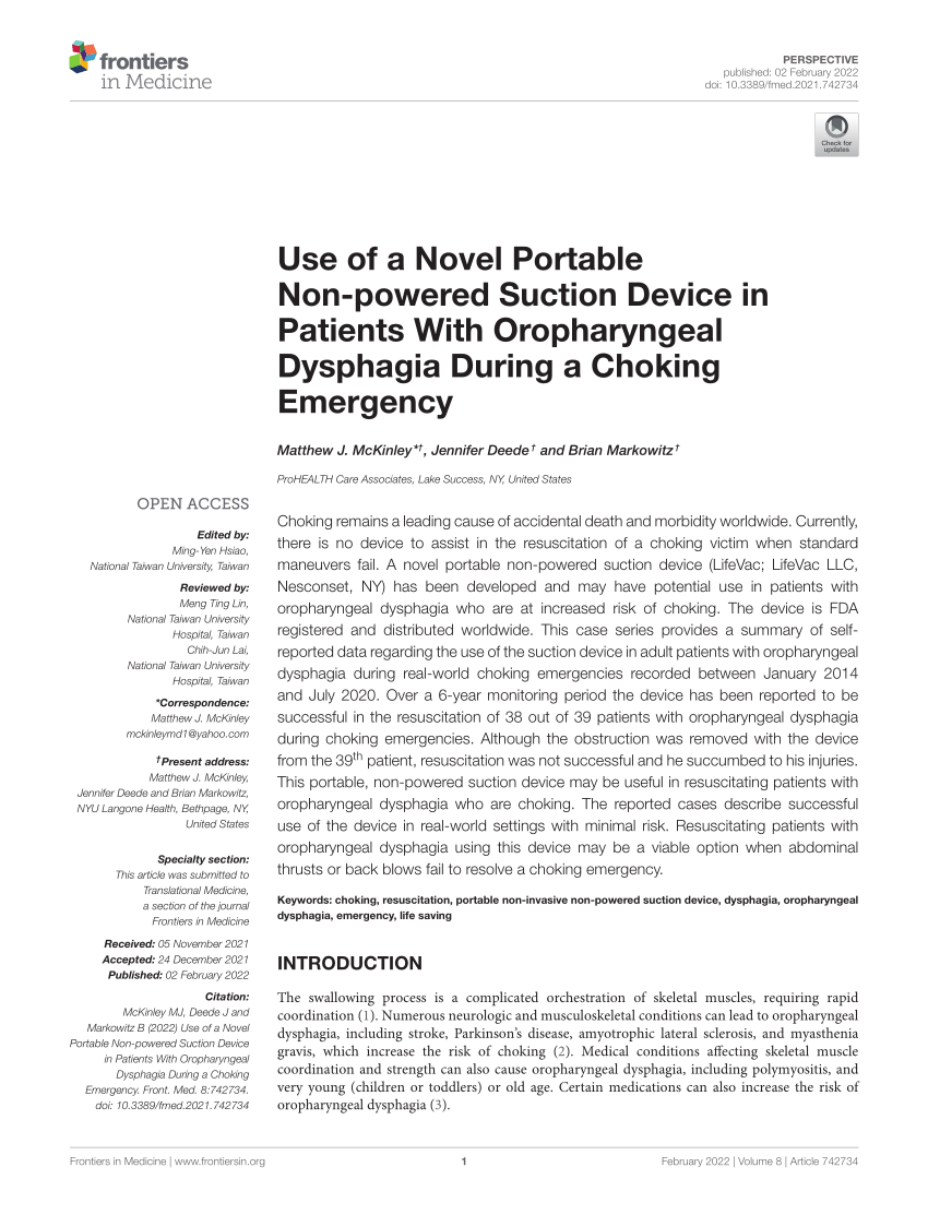 Frontiers  Use of a Novel Portable Non-powered Suction Device in Patients  With Oropharyngeal Dysphagia During a Choking Emergency