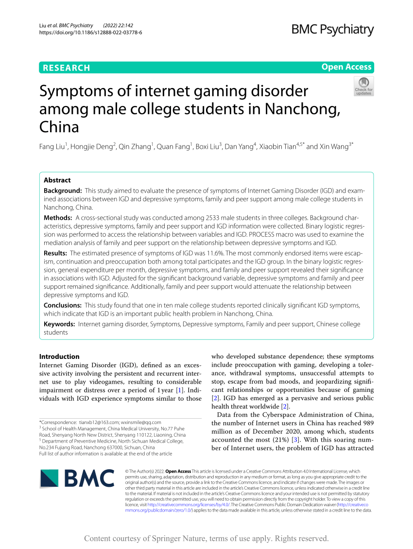 PDF) Symptoms of internet gaming disorder among male college students in  Nanchong, China