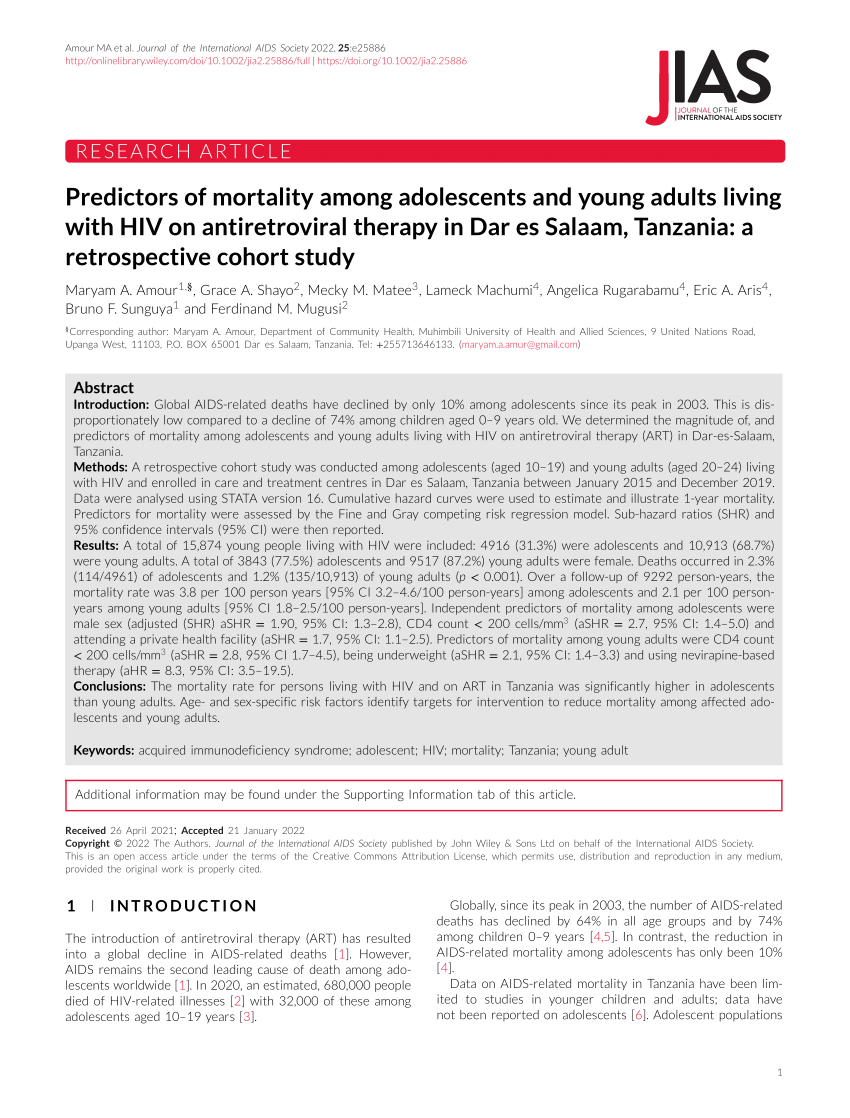 Pdf Predictors Of Mortality Among Adolescents And Young Adults Living With Hiv On Antiretroviral Therapy In Dar Es Salaam Tanzania A Retrospective Cohort Study