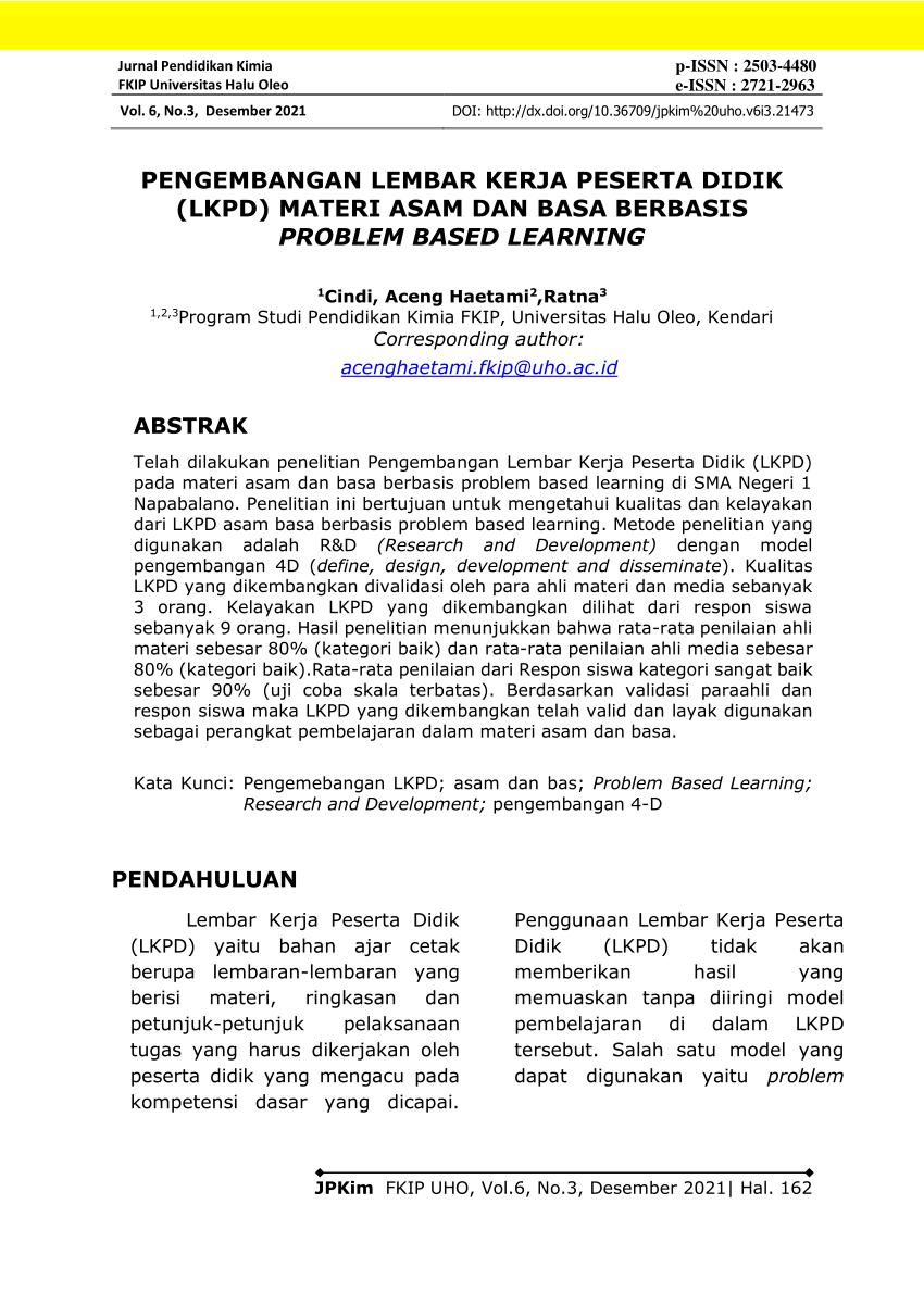 Pdf Pengembangan Lembar Kerja Peserta Didik Lkpd Pada Materi Asam Dan Basa Berbasis Problem