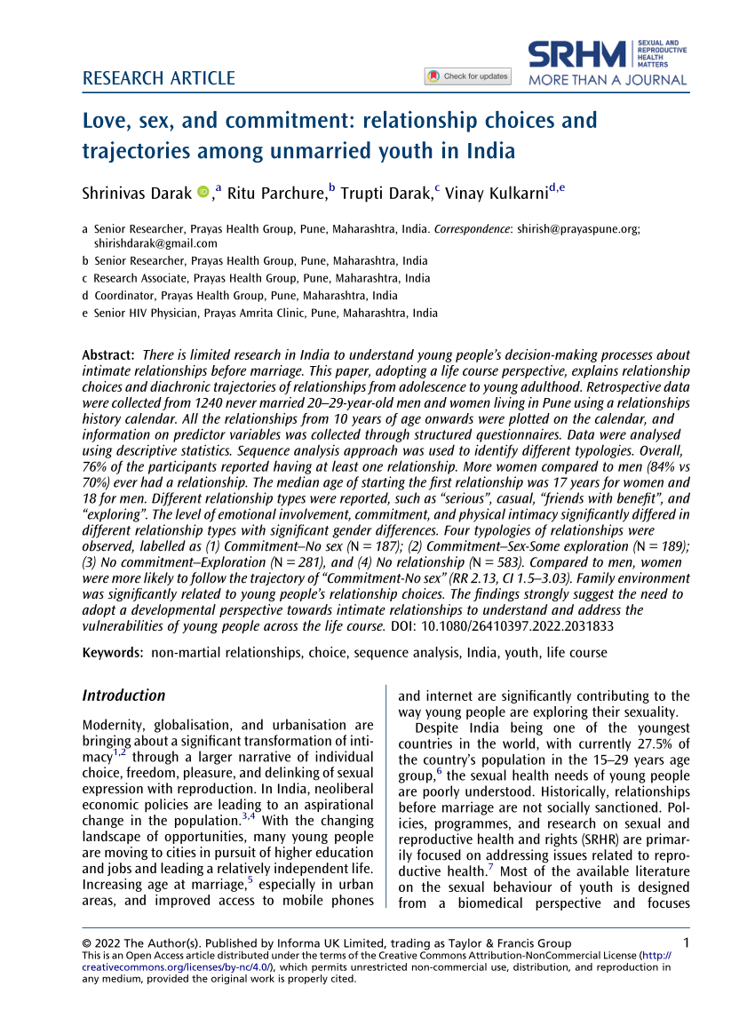 PDF) Love, sex, and commitment relationship choices and trajectories among unmarried youth in India