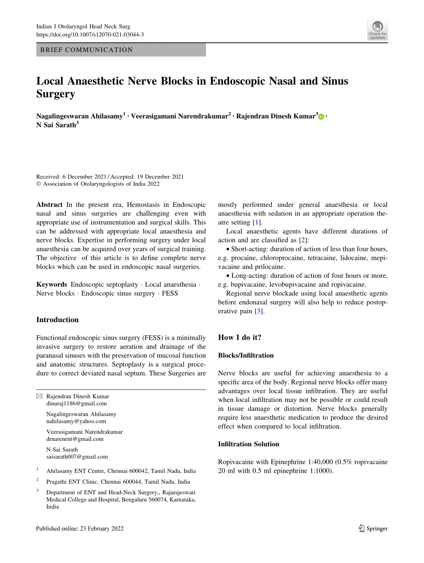 Pdf Local Anaesthetic Nerve Blocks In Endoscopic Nasal And Sinus Surgery 3220