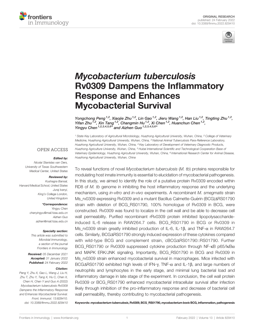 (PDF) Mycobacterium tuberculosis Rv0309 Dampens the Inflammatory ...