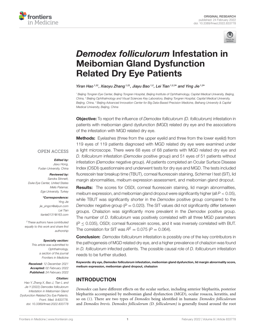 Pdf Demodex Folliculorum Infestation In Meibomian Gland Dysfunction Related Dry Eye Patients