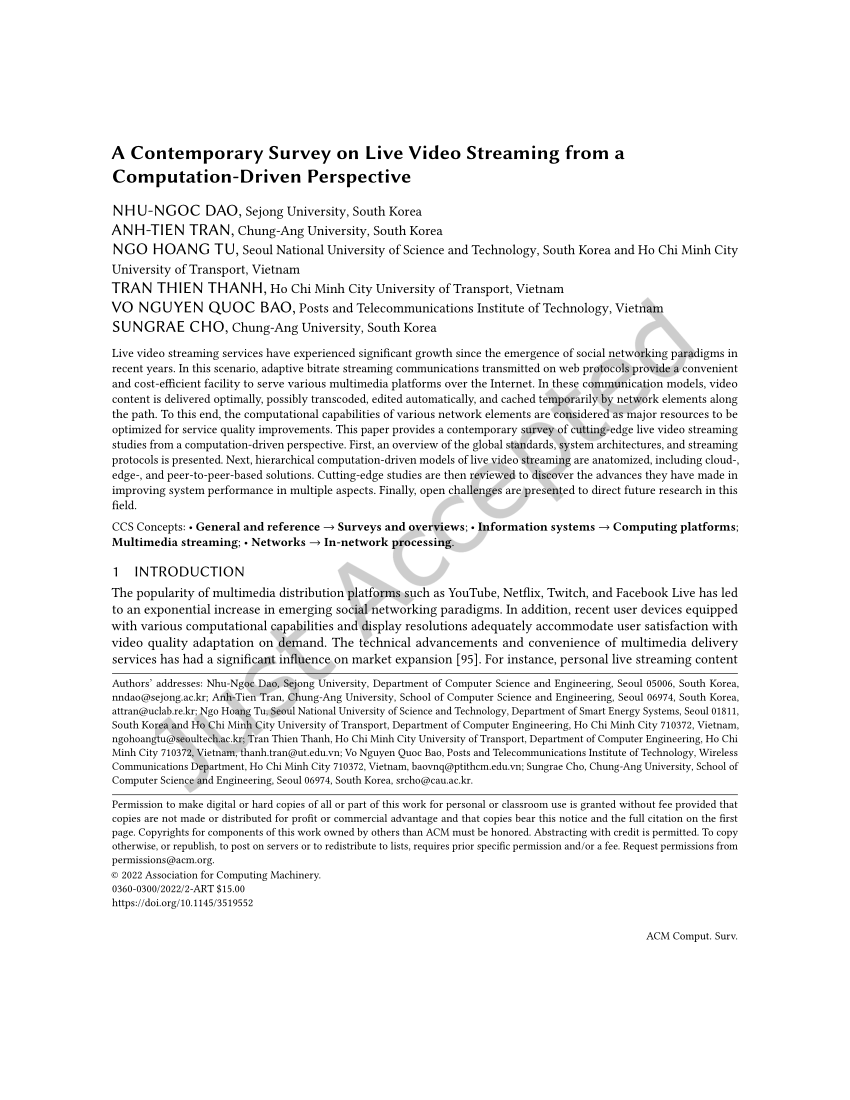 PDF) A Contemporary Survey on Live Video Streaming from a Computation-Driven Perspective