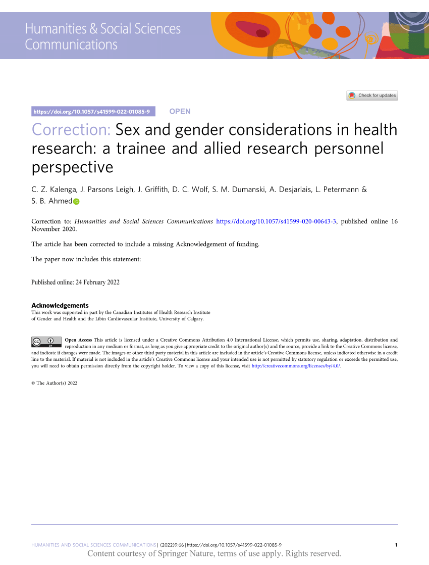 Pdf Correction Sex And Gender Considerations In Health Research A Trainee And Allied