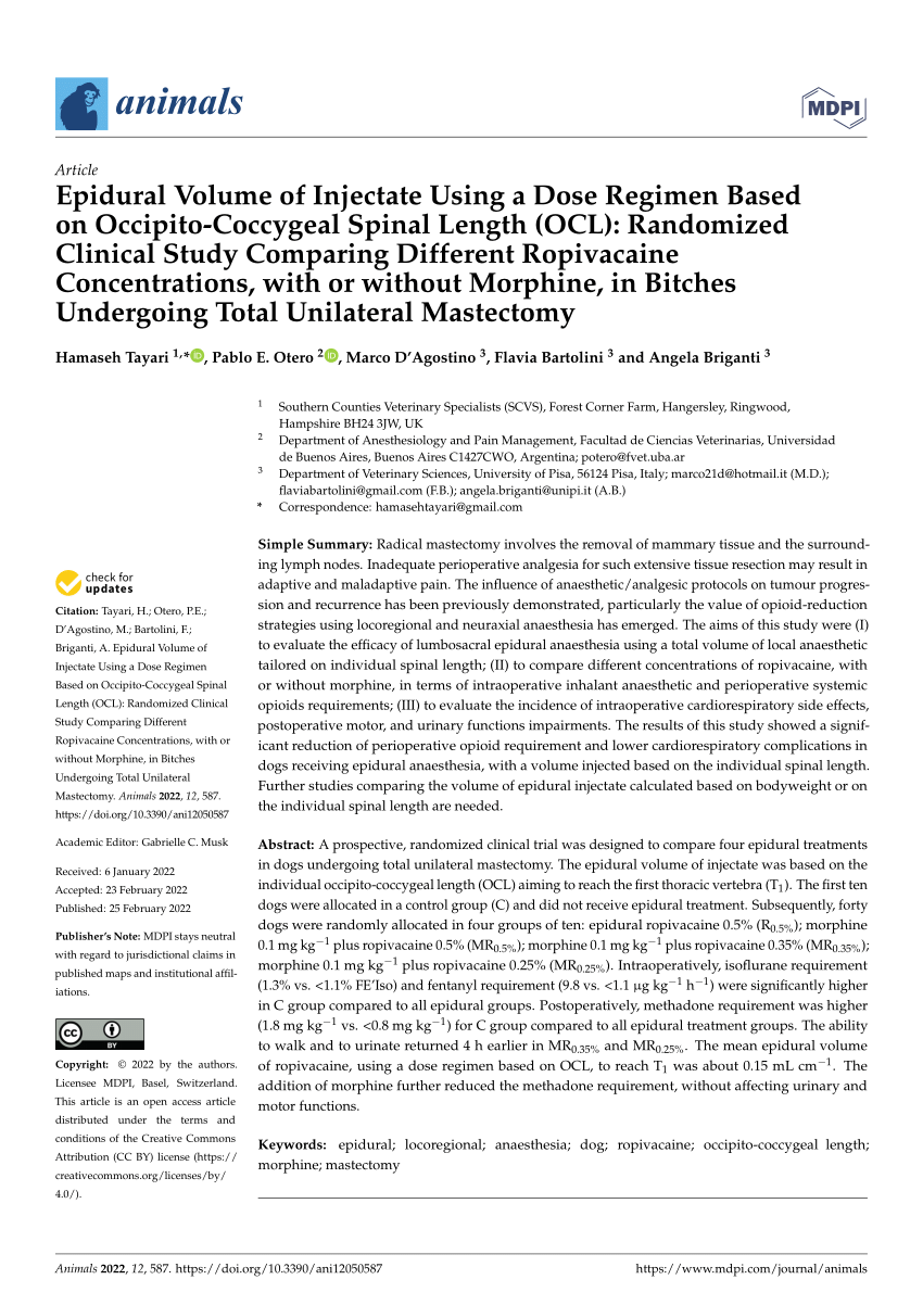 Pdf Epidural Volume Of Injectate Using A Dose Regimen Based On Occipito Coccygeal Spinal Length Ocl Randomized Clinical Study Comparing Different Ropivacaine Concentrations With Or Without Morphine In Bitches Undergoing Total Unilateral Mastectomy