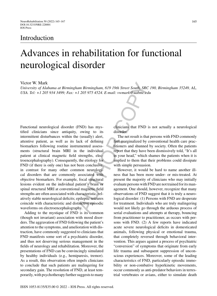 (PDF) Advances in rehabilitation for functional neurological disorder
