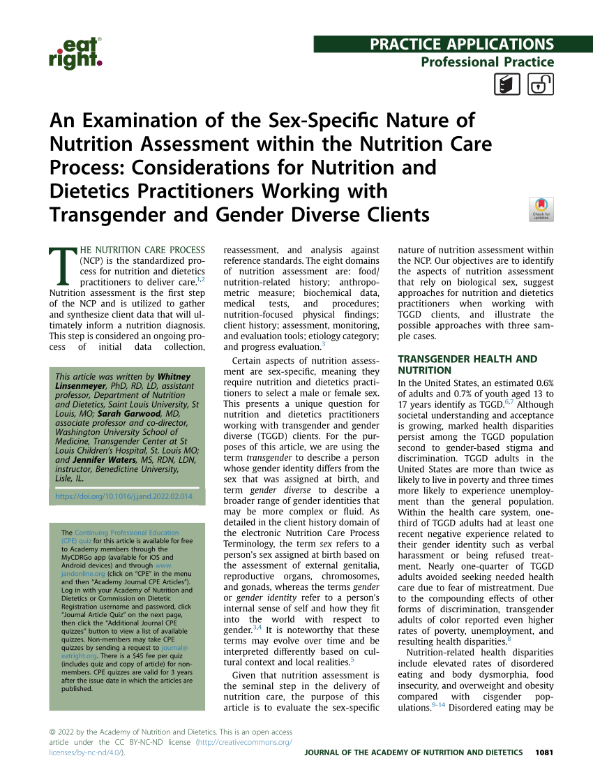 Pdf An Examination Of The Sex Specific Nature Of Nutrition Assessment Within The Nutrition 