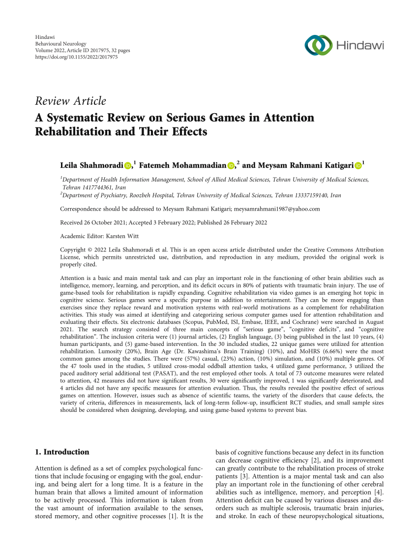 (PDF) A Systematic Review on Serious Games in Attention Rehabilitation and Their Effects