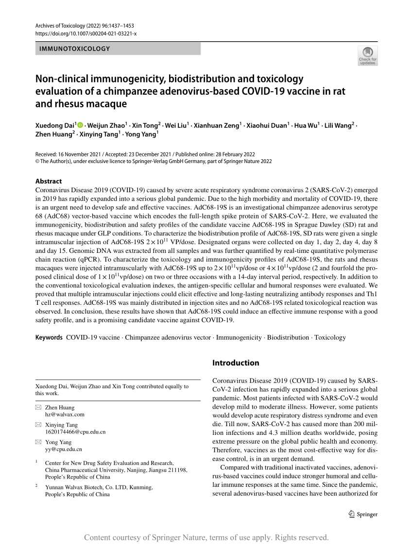 Non-clinical immunogenicity, biodistribution and toxicology evaluation