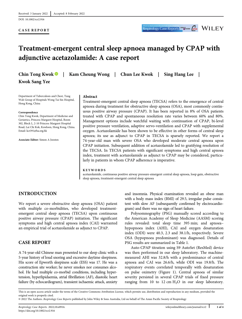 Pdf Treatment‐emergent Central Sleep Apnoea Managed By Cpap With Adjunctive Acetazolamide A 