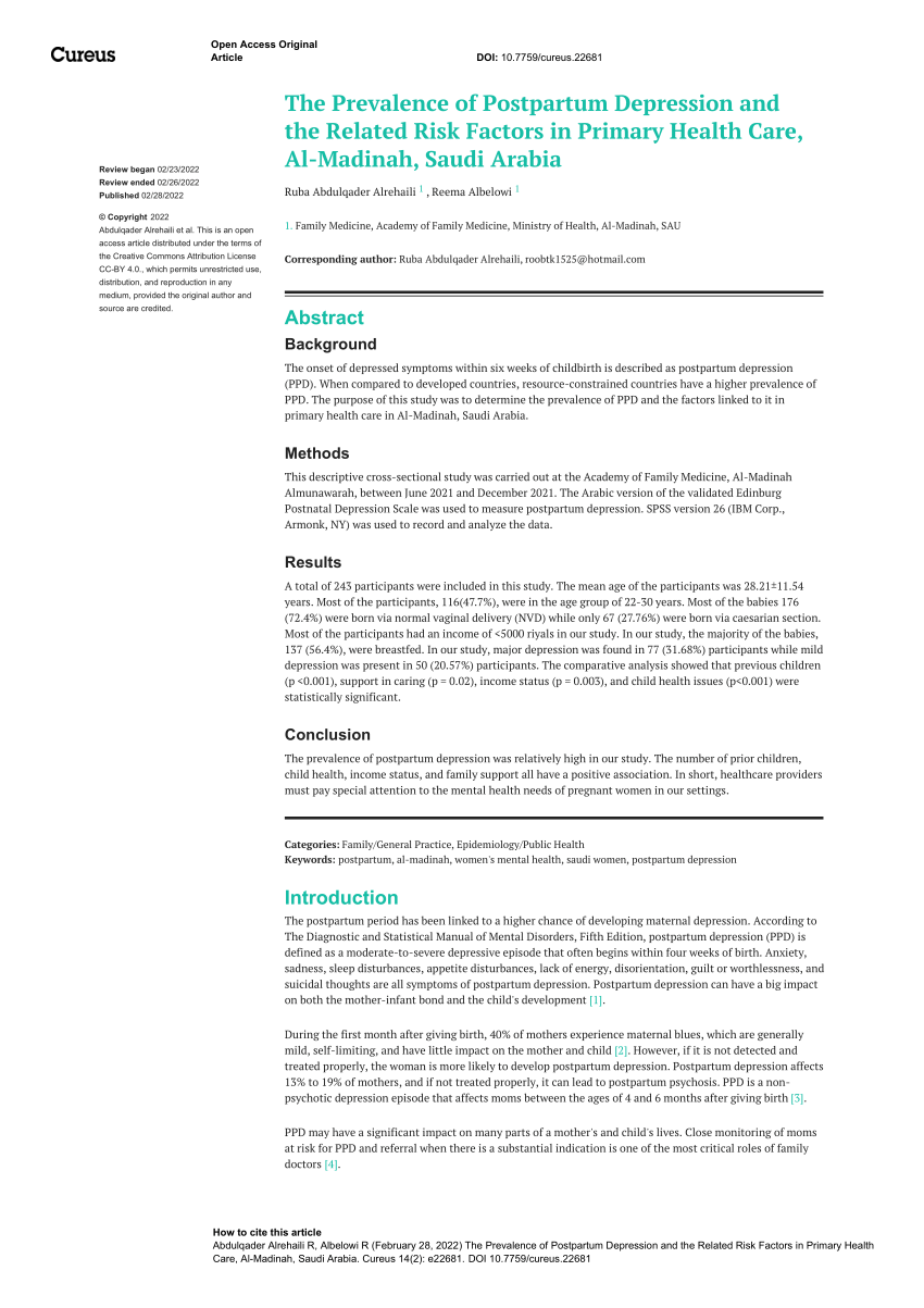 Pdf The Prevalence Of Postpartum Depression And The Related Risk Factors In Primary Health 