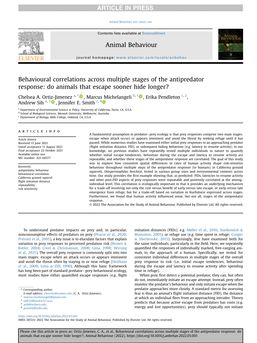 PDF) Behavioural correlations across multiple stages of the antipredator  response: do animals that escape sooner hide longer?