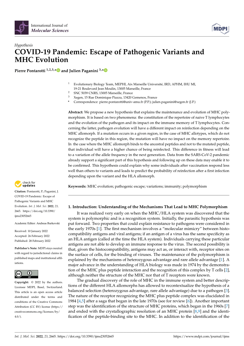 Pdf Covid 19 Pandemic Escape Of Pathogenic Variants And Mhc Evolution