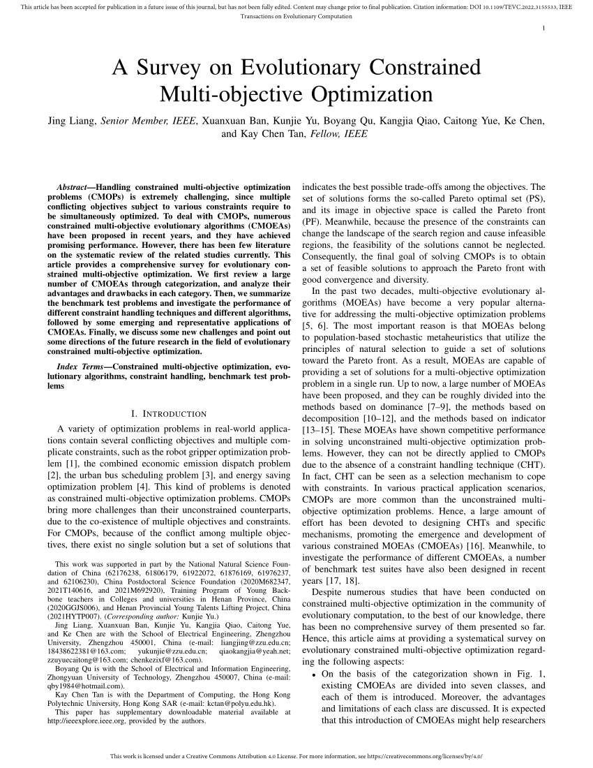 Pdf A Survey On Evolutionary Constrained Multi Objective Optimization 1873