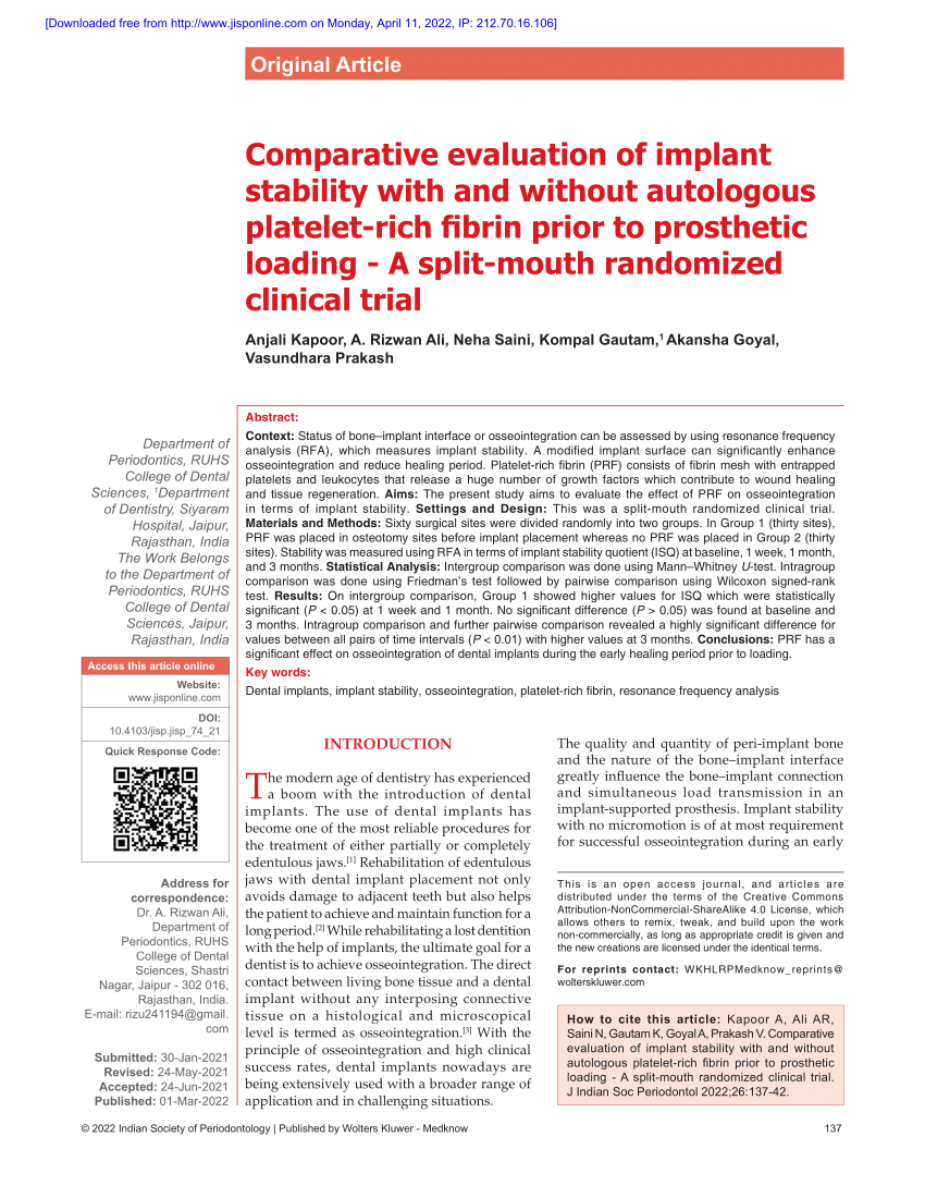 Pdf Comparative Evaluation Of Implant Stability With And Without