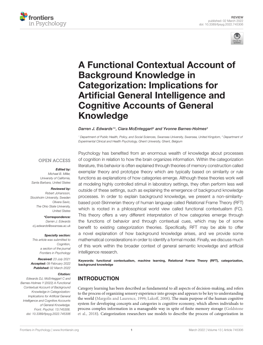 PDF) A Functional Contextual Account of Background Knowledge in  Categorization: Implications for Artificial General Intelligence and  Cognitive Accounts of General Knowledge