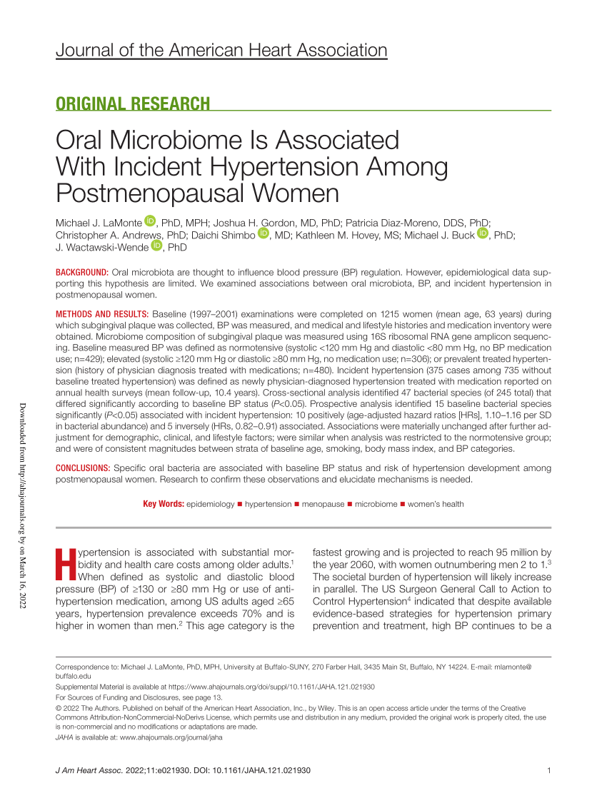 PDF Oral Microbiome Is Associated With Incident Hypertension