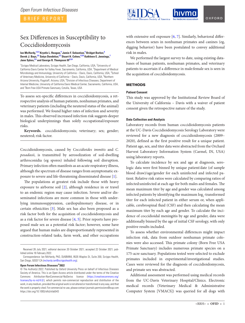 Pdf Sex Differences In Susceptibility To Coccidioidomycosis 