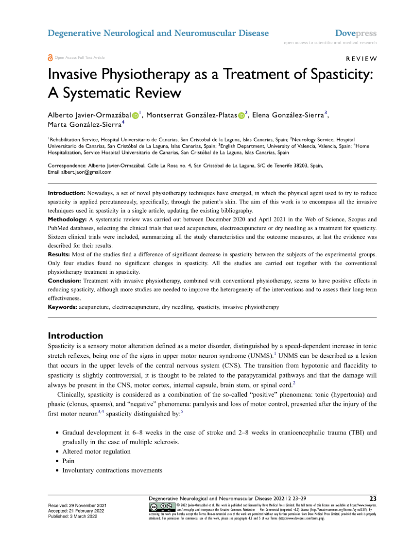 Pdf Invasive Physiotherapy As A Treatment Of Spasticity A Systematic