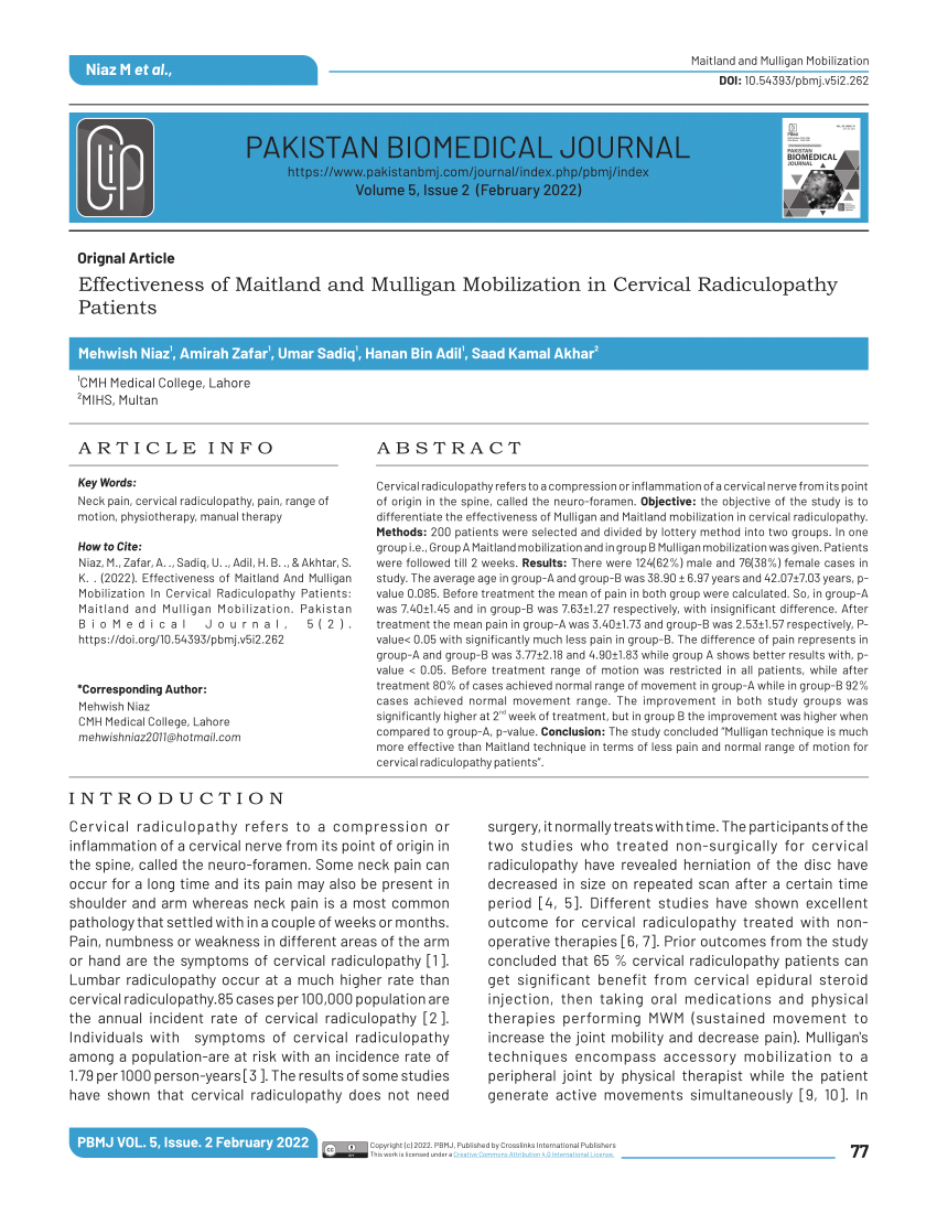 Pdf Effectiveness Of Maitland And Mulligan Mobilization In Cervical Radiculopathy Patients