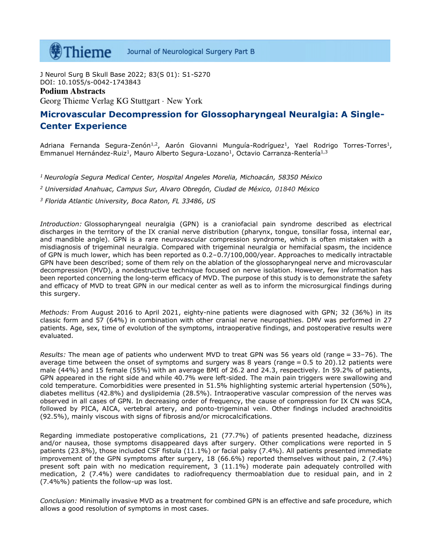 Pdf Microvascular Decompression For Glossopharyngeal Neuralgia A Single Center Experience