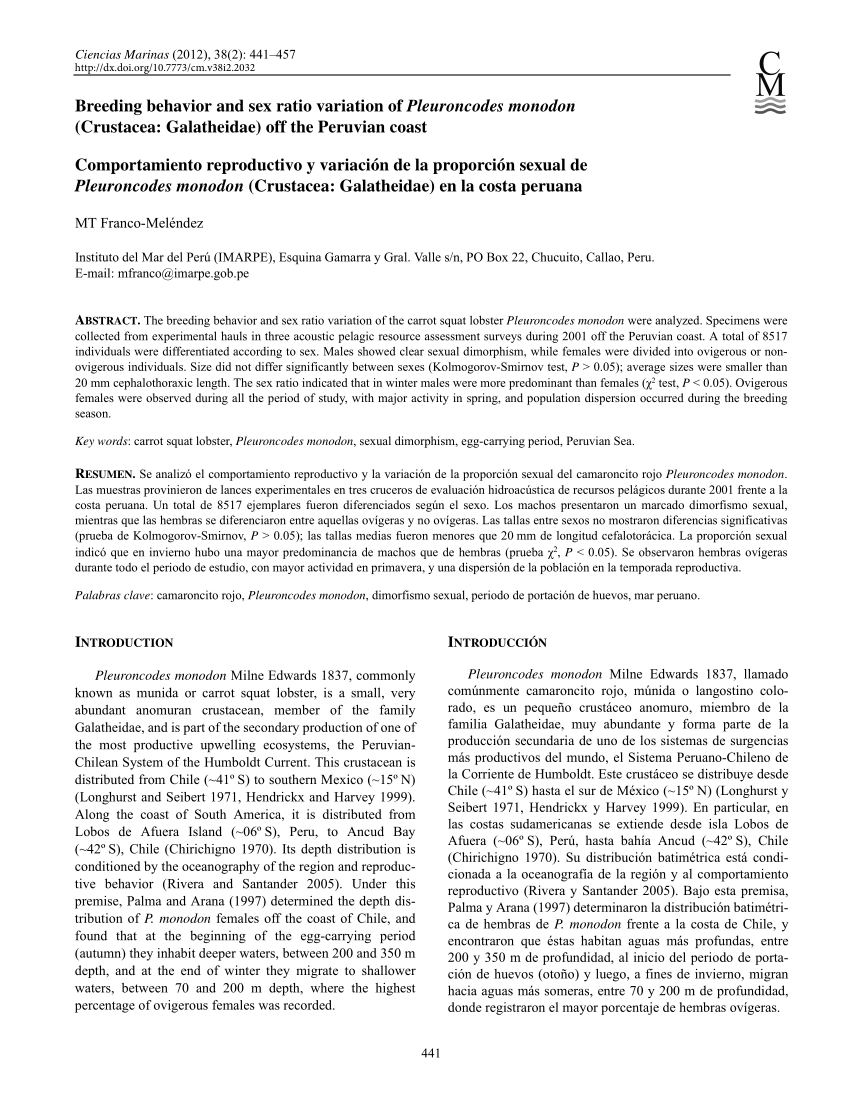 Pdf Breeding Behavior And Sex Ratio Variation Of Pleuroncodes Monodon Crustacea Galatheidae 3468