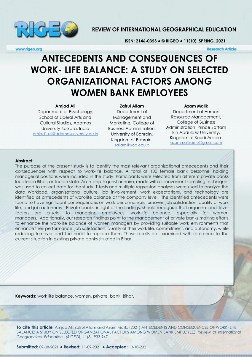 Pdf Antecedents And Consequences Of Work Life Balance A Study On