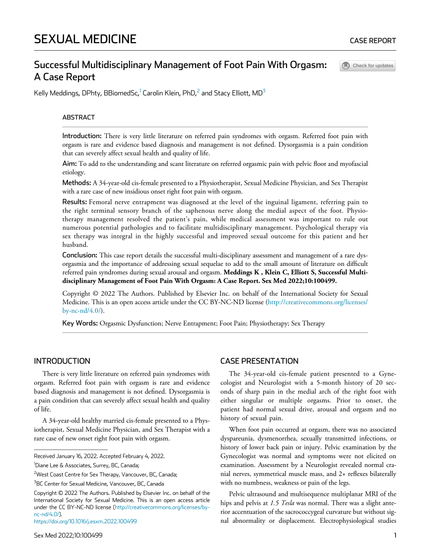 PDF) Successful Multidisciplinary Management of Foot Pain With Orgasm: A  Case Report