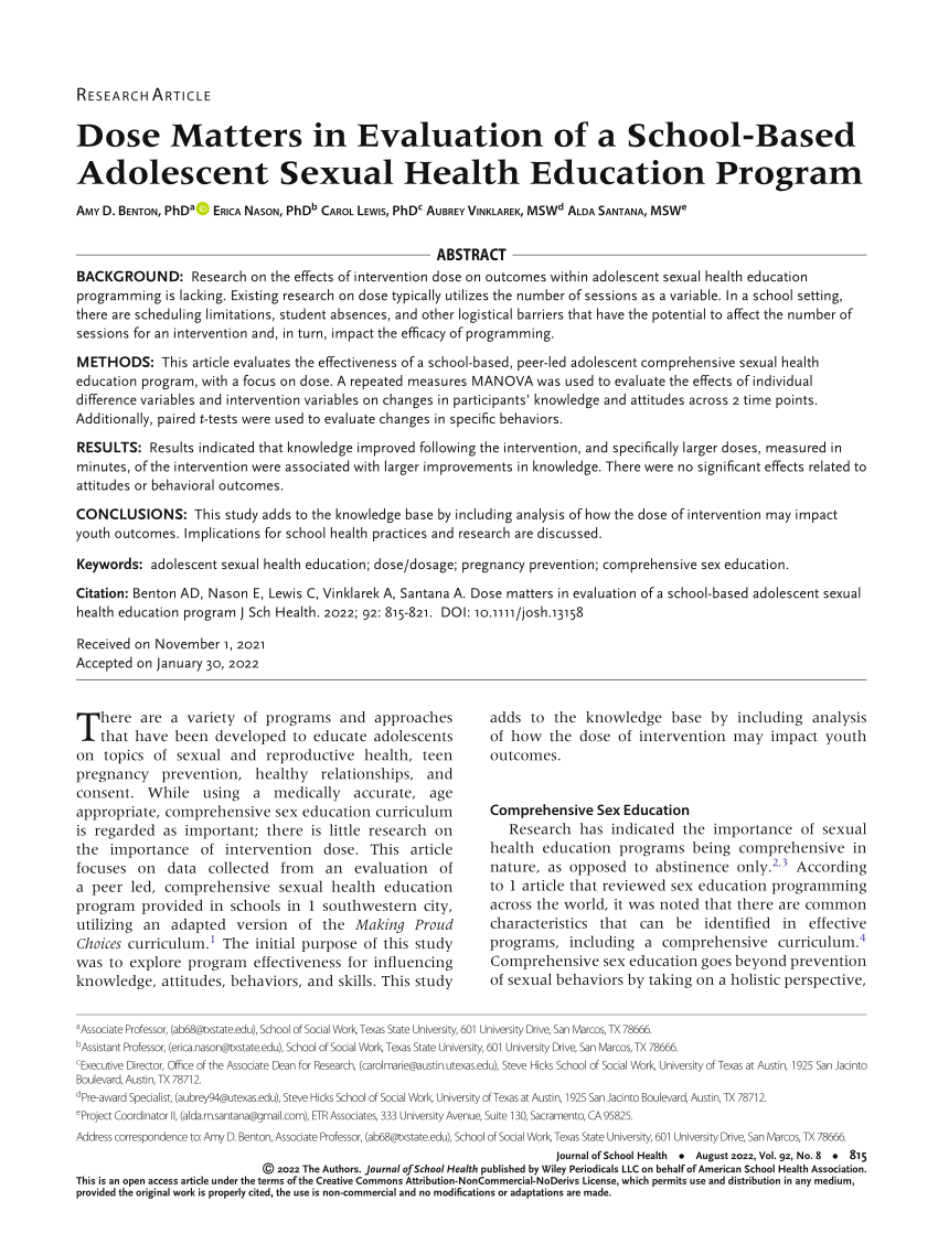 Pdf Dose Matters In Evaluation Of A School‐based Adolescent Sexual Health Education Program 