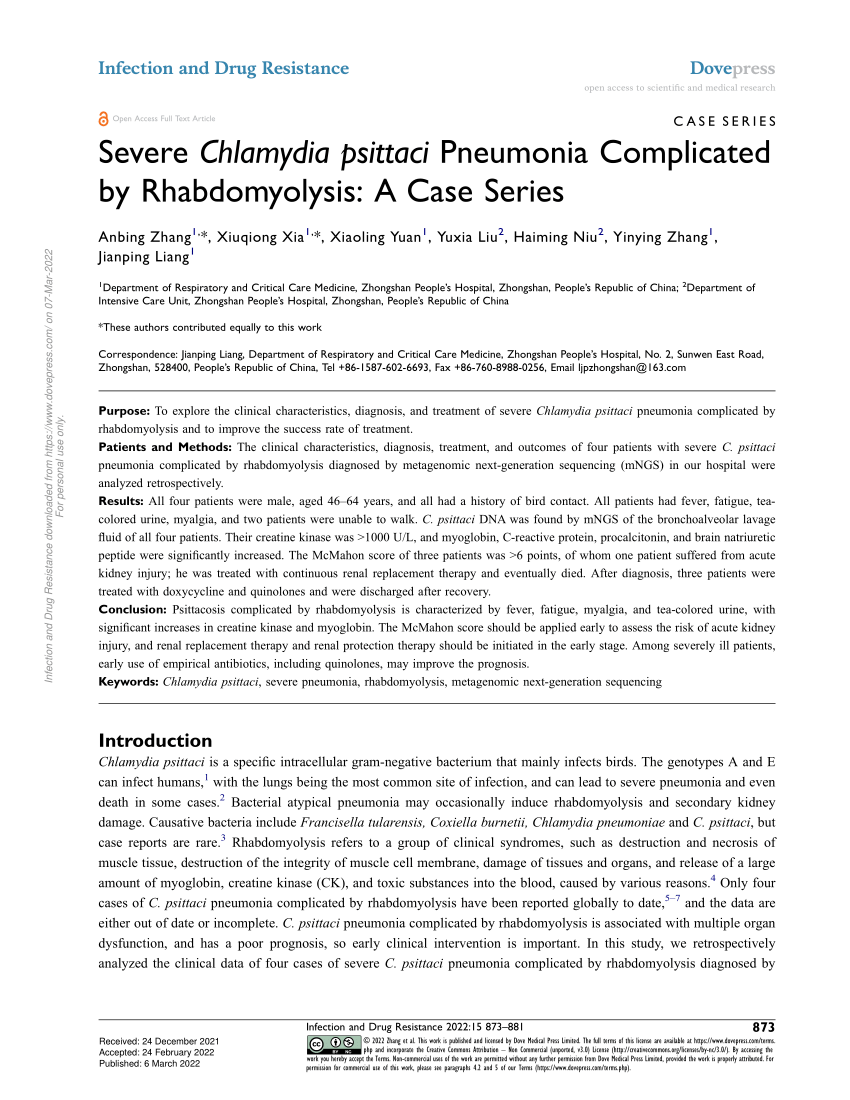 Pdf Severe Chlamydia Psittaci Pneumonia Complicated By Rhabdomyolysis A Case Series 0660