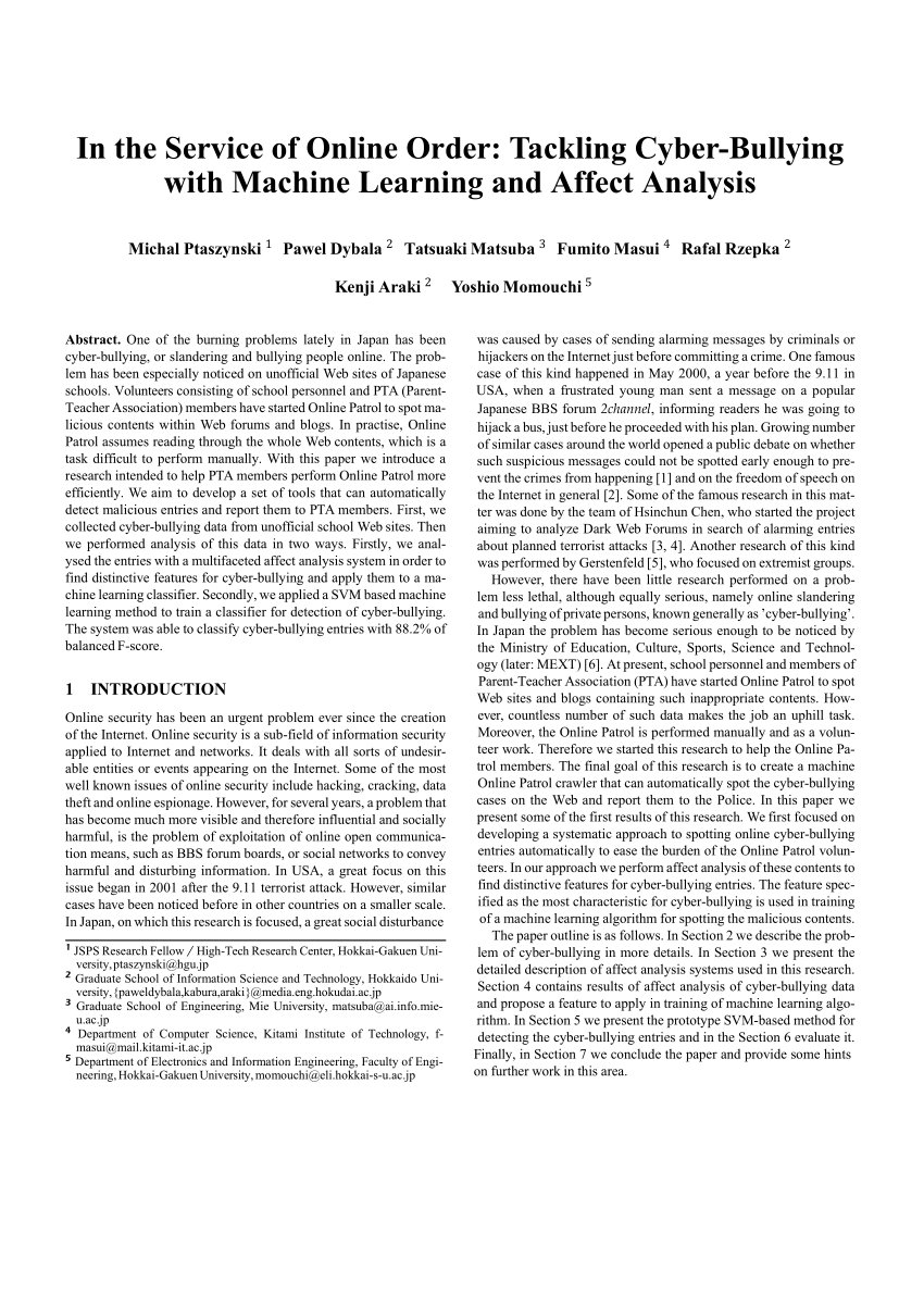 PDF) In the Service of Online Order: Tackling Cyber-Bullying with Machine  Learning and Affect Analysis