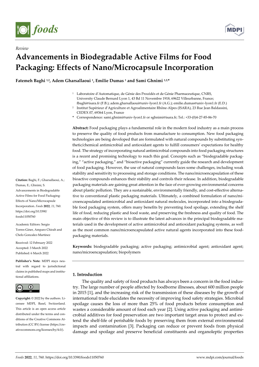 PDF) Advancements in Biodegradable Active Films for Food Packaging: Effects  of Nano/Microcapsule Incorporation