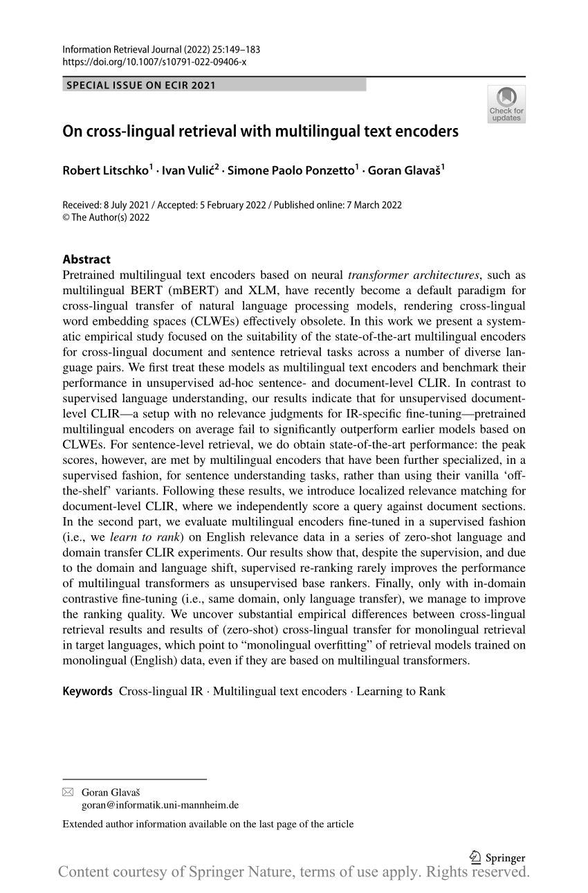 Pdf On Cross Lingual Retrieval With Multilingual Text Encoders