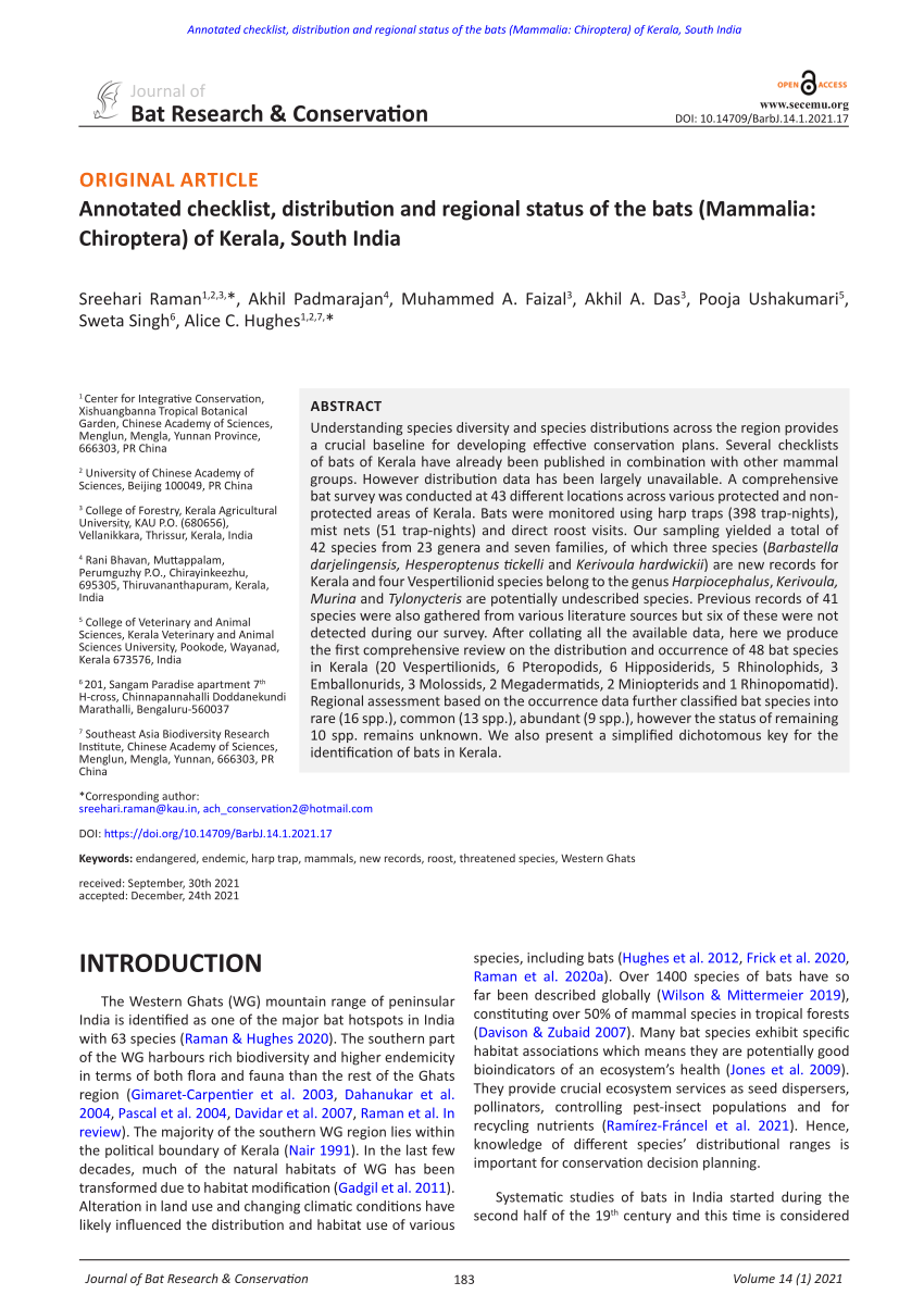 PDF) Annotated checklist, distribution and regional status of the bats  (Mammalia: Chiroptera) of Kerala, South India