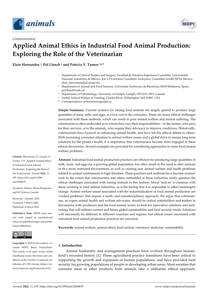 PDF) Applied Animal Ethics in Industrial Food Animal Production: Exploring  the Role of the Veterinarian