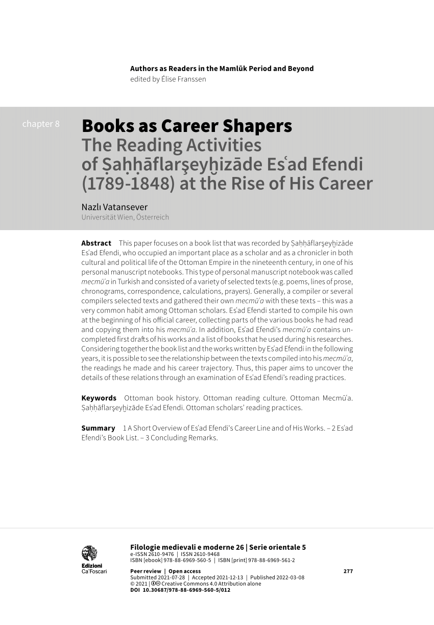 PDF) 8• Books as Career Shapers The Reading Activities of  Ṣaḥḥāflarşeyḫizāde Esʿad Efendi (1789-1848) at the Rise of His Career: The  Reading Activities of Ṣaḥḥāflarşeyḫizāde Esʿad Efendi (1789-1848) at the  Rise of