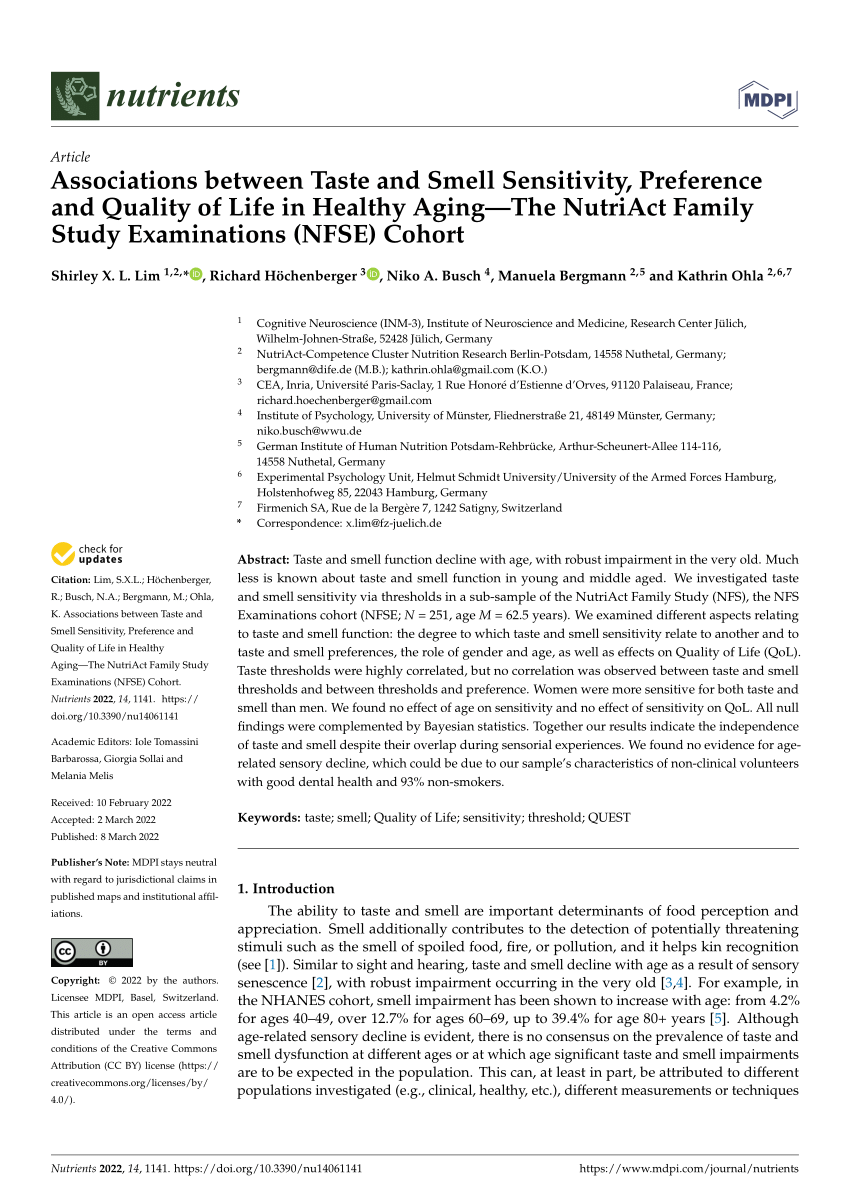 PDF) Associations between Taste and Smell Sensitivity, Preference and  Quality of Life in Healthy Aging—The NutriAct Family Study Examinations  (NFSE) Cohort
