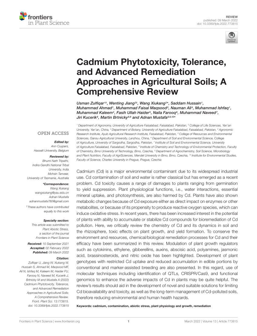 PDF) Cadmium Phytotoxicity, Tolerance, and Advanced Remediation 