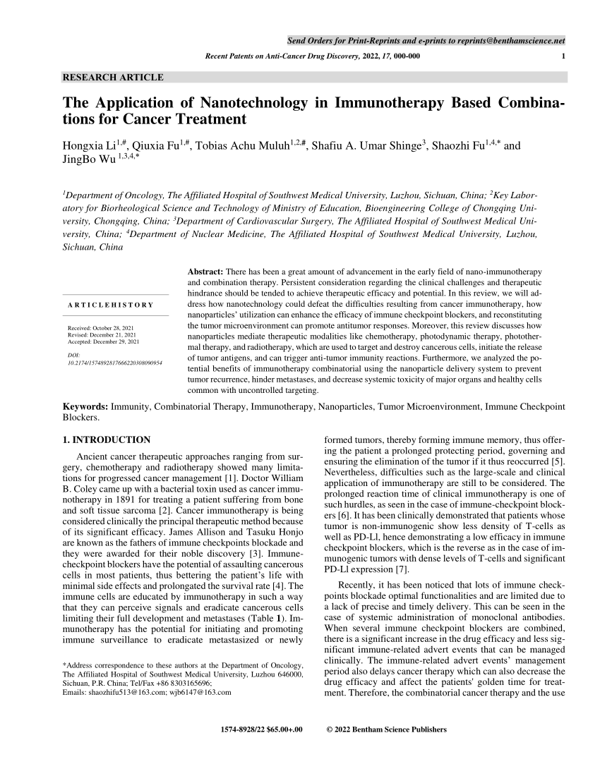 Pdf The Application Of Nanotechnology In Immunotherapy Based Combinations For Cancer Treatment 0155