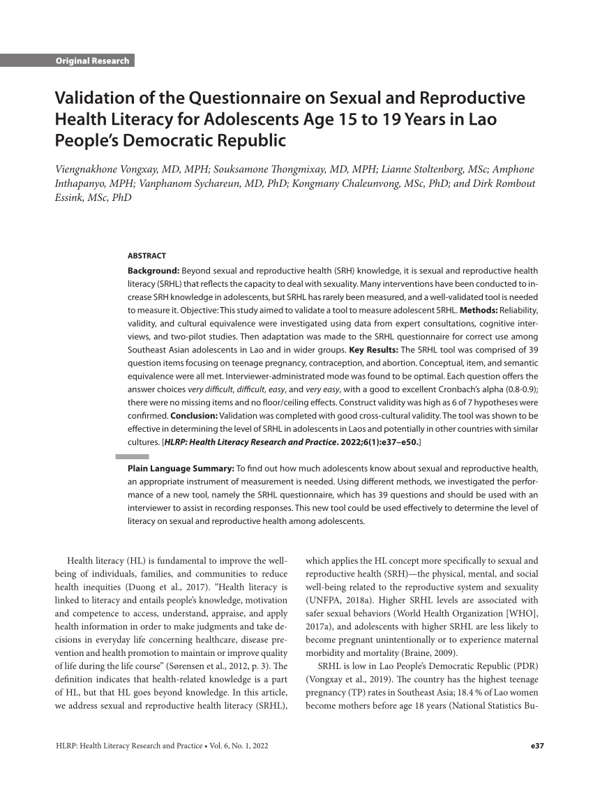 PDF Validation of the Questionnaire on Sexual and Reproductive