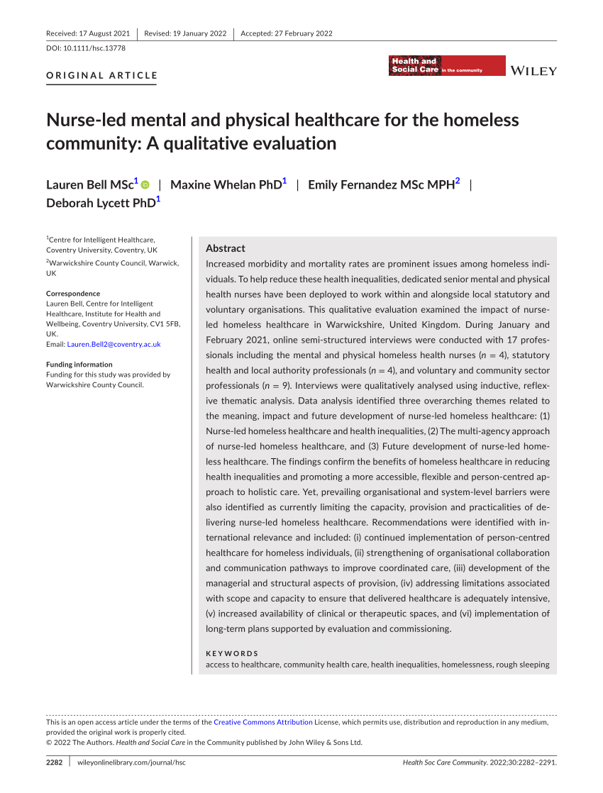 PDF) Nurse‐led mental and physical healthcare for the homeless