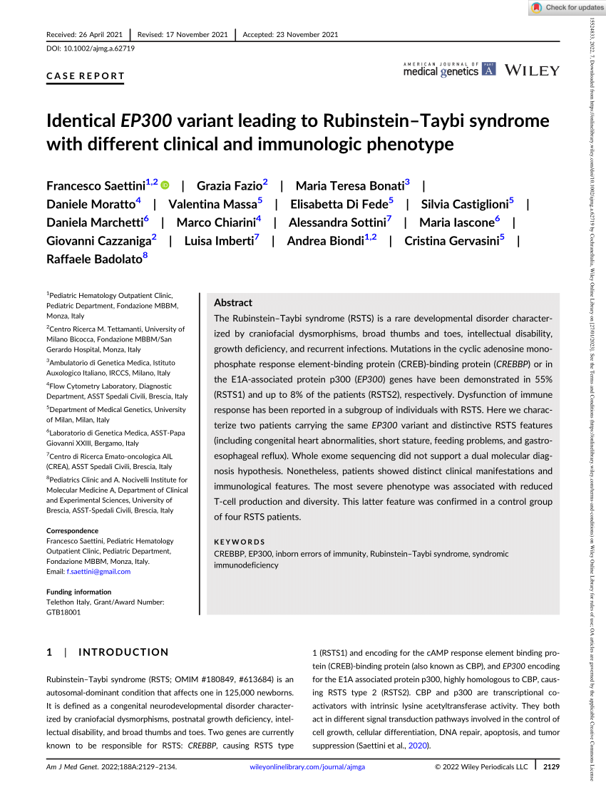 (PDF) Identification of de novo EP300 and PLAU variants in a patient with  Rubinstein–Taybi syndrome-related arterial vasculopathy and skeletal anomaly